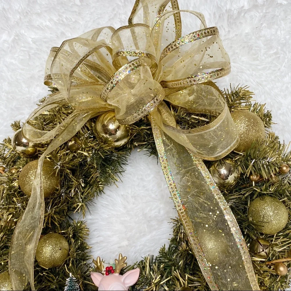 New Handmade Holiday Gold & Pink Retro Deer Hanging Door Wreath